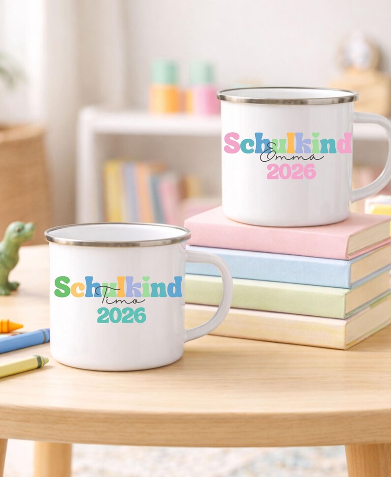 Personalized Enamel Mug for First Day of School | Schoolchild 2026 with Name | School Cone Gift for Girls & Boys image 1