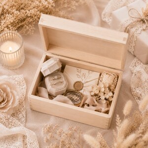 May include: A light-colored wooden keepsake box containing a beige velvet ring box with two rings, a small envelope with a botanical wax seal, a circular glass pendant, dried flowers, and beige fabric ribbons arranged inside the open container.