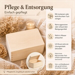 May include: A rectangular light-colored wooden box with a smooth finish and finger-jointed corners. An inset shows the box open with a hinged lid. Text in German provides care instructions, including cleaning with a cloth and avoiding water.