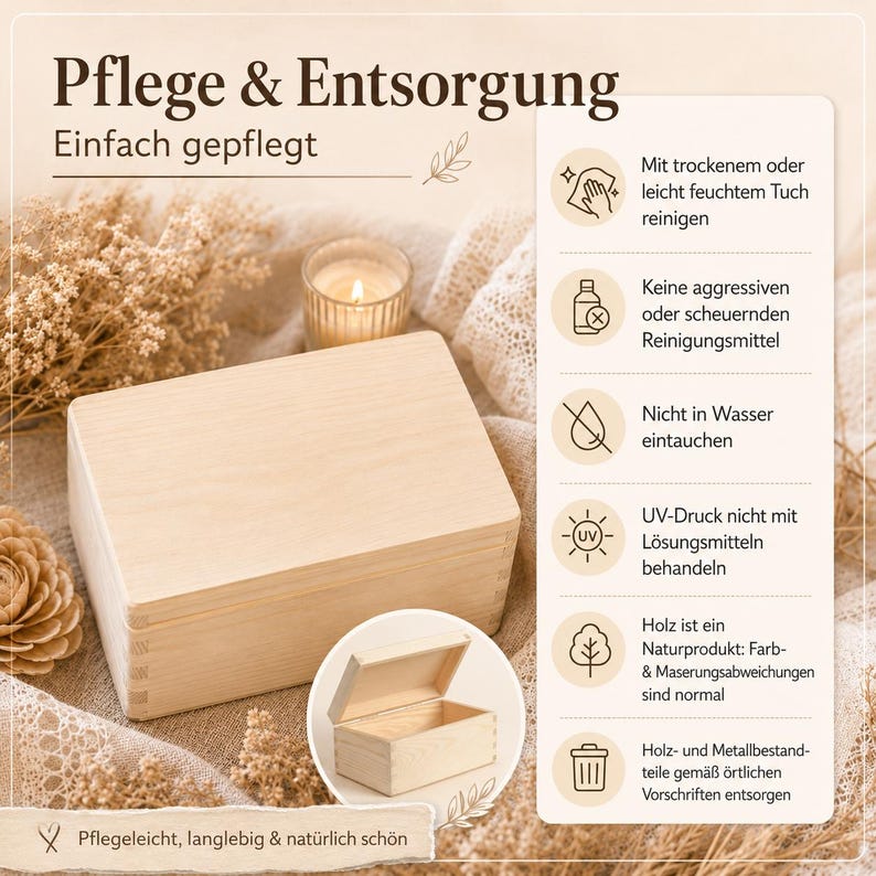 May include: A rectangular light-colored wooden box with a smooth finish and finger-jointed corners. An inset shows the box open with a hinged lid. Text in German provides care instructions, including cleaning with a cloth and avoiding water.