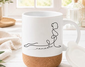 Yoga mug with cork base & lid | Namaste ceramic mug