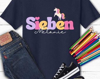 Einhorn Geburtstagsshirt personaliseerd met Naam & Zahl | Kinder T-Shirt voor Geburtstag | Einhorn-shirt Mädchen | Wunschzahl-geschenk