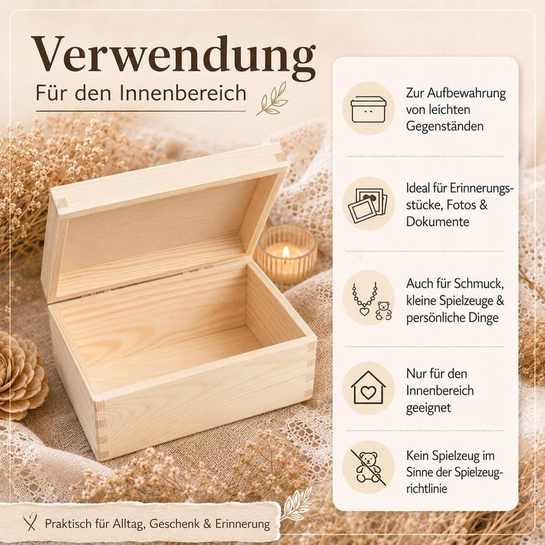Neben einem Text, in dem beschrieben wird, dass sich die Kiste zur Aufbewahrung von Kleinigkeiten, Fotos, Dokumenten und Schmuck eignet, ist eine helle Holzkiste mit Klappdeckel abgebildet.