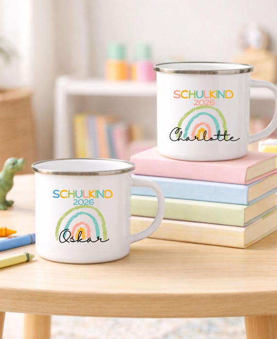 Emaille Tasse Einschulung personalisiert | Schulkind 2026 Tasse mit Name | Geschenk zur Einschulung | Schultüte Geschenk