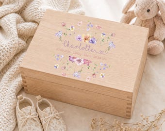 Erinnerungskiste Baby personalisiert – Holzkiste mit Namen & Geburtsdaten, Safari Tiere Erinnerungsbox, Geschenk zur Geburt