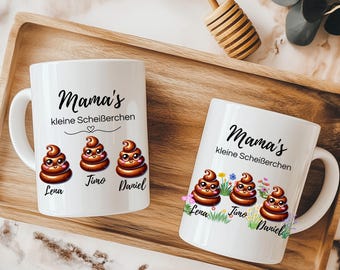 Personalisierte lustige Mama Tasse mit Kindernamen – Geschenk für Mama, Muttertag, Weihnachten,  Kaffeetasse mit Namen der Kinder