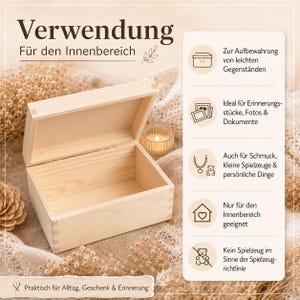 May include: A rectangular light-colored wooden box with an open lid. The image includes text in German detailing its use for storing lightweight items, photos, documents, jewelry, and small personal belongings, noting it is for indoor use only.