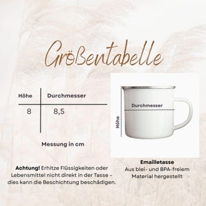 May include: A white enamel mug with a silver rim and handle. A size chart displays a height of 8 cm and a diameter of 8.5 cm. Text includes 'Gr&ouml;&szlig;entabelle', 'H&ouml;he', 'Durchmesser', 'Messung in cm', 'Emailletasse', and a warning about heating liquids.