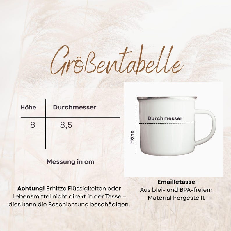 May include: A white enamel mug with a silver rim and handle. A size chart displays a height of 8 cm and a diameter of 8.5 cm. Text includes 'Gr&ouml;&szlig;entabelle', 'H&ouml;he', 'Durchmesser', 'Messung in cm', 'Emailletasse', and a warning about heating liquids.