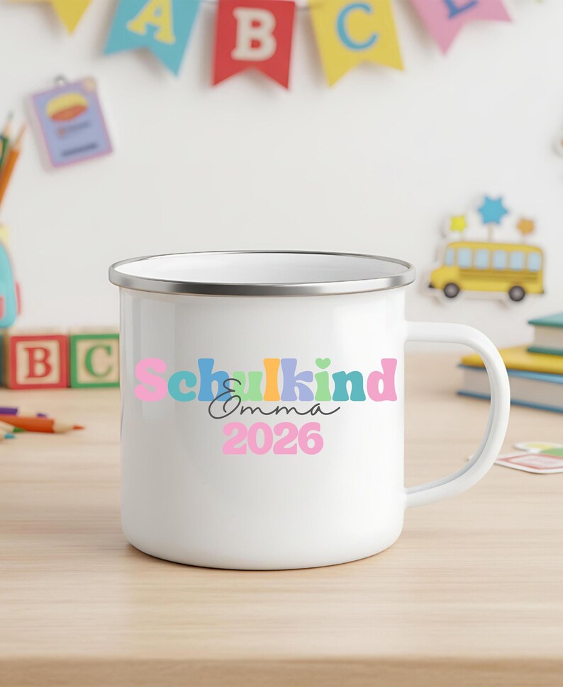 Personalized Enamel Mug for First Day of School | Schoolchild 2026 with Name | School Cone Gift for Girls & Boys Tasse - Mädchen
