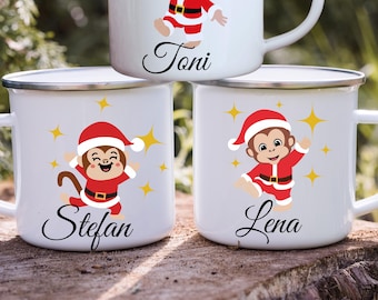 Personalized Christmas Enamel Mug for Kids | Christmas Monkey with Name | Children's Mug | Santa Claus Gift