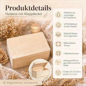 May include: A light-colored wooden box with a hinged lid, featuring visible finger-jointed corners. The product details list sustainable pine wood, UV printing, 3 mm plywood, 10 mm thickness, two metal hinges, and two sizes: 30 x 14 x 20 cm and 20 x 10 x 15 cm.