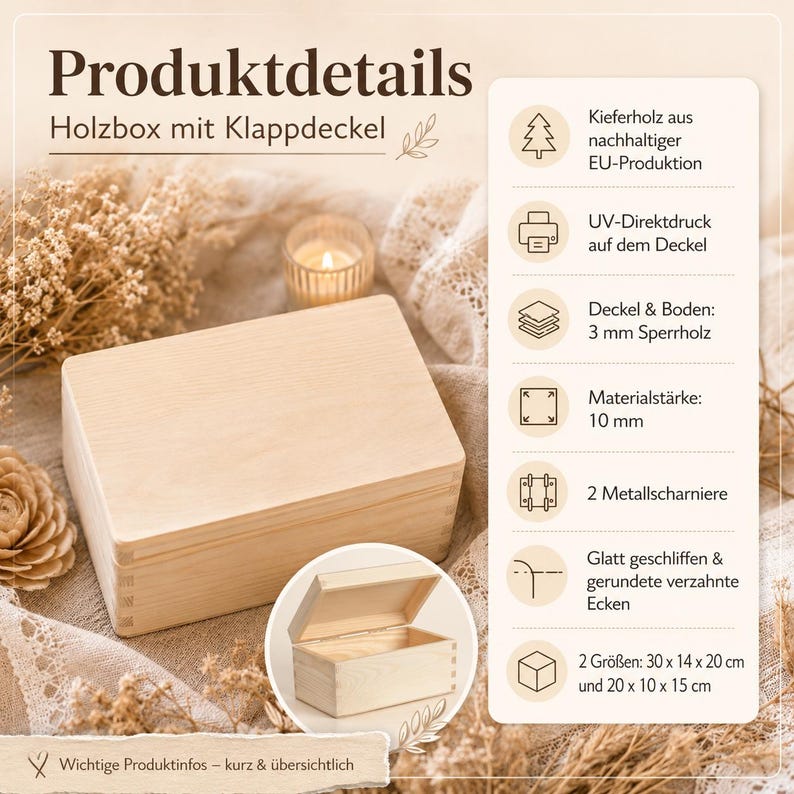 May include: A light-colored wooden box with a hinged lid, featuring visible finger-jointed corners. The product details list sustainable pine wood, UV printing, 3 mm plywood, 10 mm thickness, two metal hinges, and two sizes: 30 x 14 x 20 cm and 20 x 10 x 15 cm.