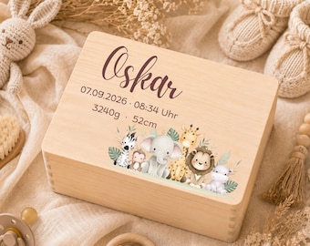 Erinnerungskiste Baby personalisiert | Holzkiste mit Name und Geburtsdaten | Safari Tiere Geschenk zur Geburt & Taufe