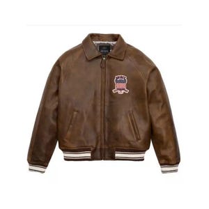 New Men’s Avirex USA American Bomber Flight Genuine Cowhide Brown Leather Jacket
