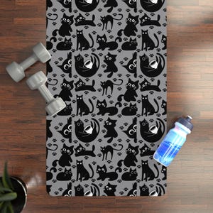 Gray PlayFul Black Cat Pattern Rubber Yoga Mat, Yoga Accessories, Cat Lover Gifts, Home Workout Gear, Fitness Equipment, Cartoon Style