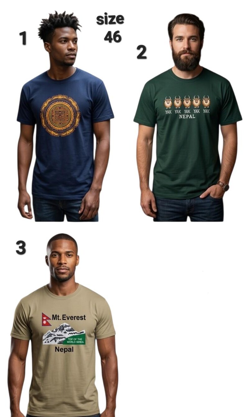 Pode incluir: Tr&ecirc;s camisetas s&atilde;o exibidas. A primeira &eacute; azul marinho com um design circular dourado. A segunda &eacute; verde escuro com um gr&aacute;fico de iaque e o texto "YAK YAK YAK YAK YAK NEPAL". A terceira &eacute; bege com um gr&aacute;fico do Monte Everest e o texto "Mt. Everest Nepal".