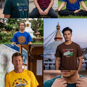 Pode incluir: Cole&ccedil;&atilde;o de camisetas com v&aacute;rios designs. Uma camisa &eacute; verde-azulado com um design de olho colorido e texto. Outra &eacute; bord&ocirc; com um design e texto. Uma camisa amarela tem o texto "TOP OF THE WORLD EVEREST NEPAL".