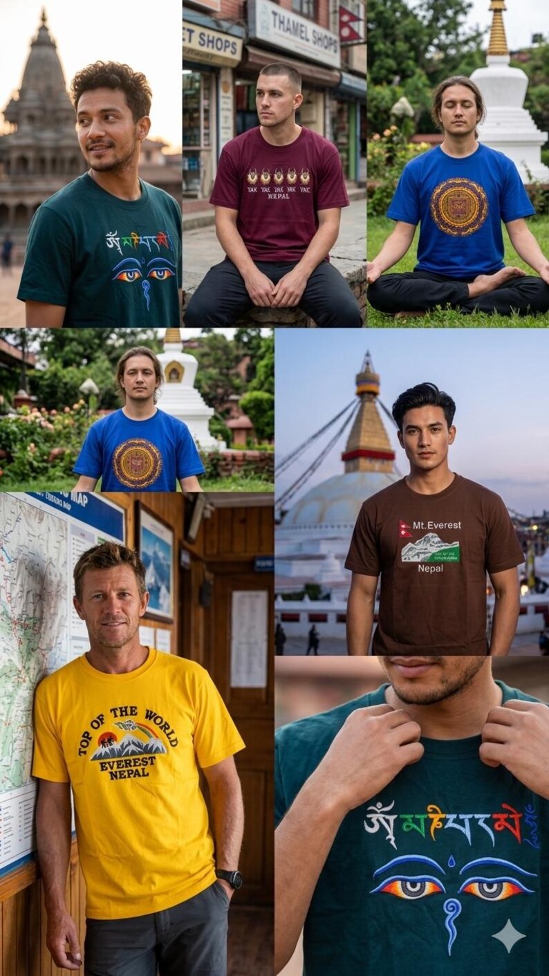 Pode incluir: Cole&ccedil;&atilde;o de camisetas com v&aacute;rios designs. Uma camisa &eacute; verde-azulado com um design de olho colorido e texto. Outra &eacute; bord&ocirc; com um design e texto. Uma camisa amarela tem o texto "TOP OF THE WORLD EVEREST NEPAL".