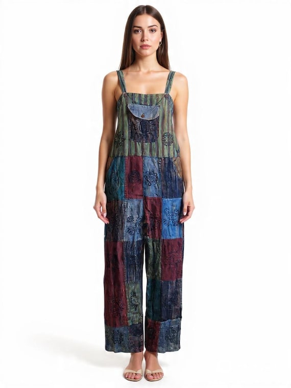 Handcrafted Cotton Patchwork Overalls: Boho Hippi… - image 3