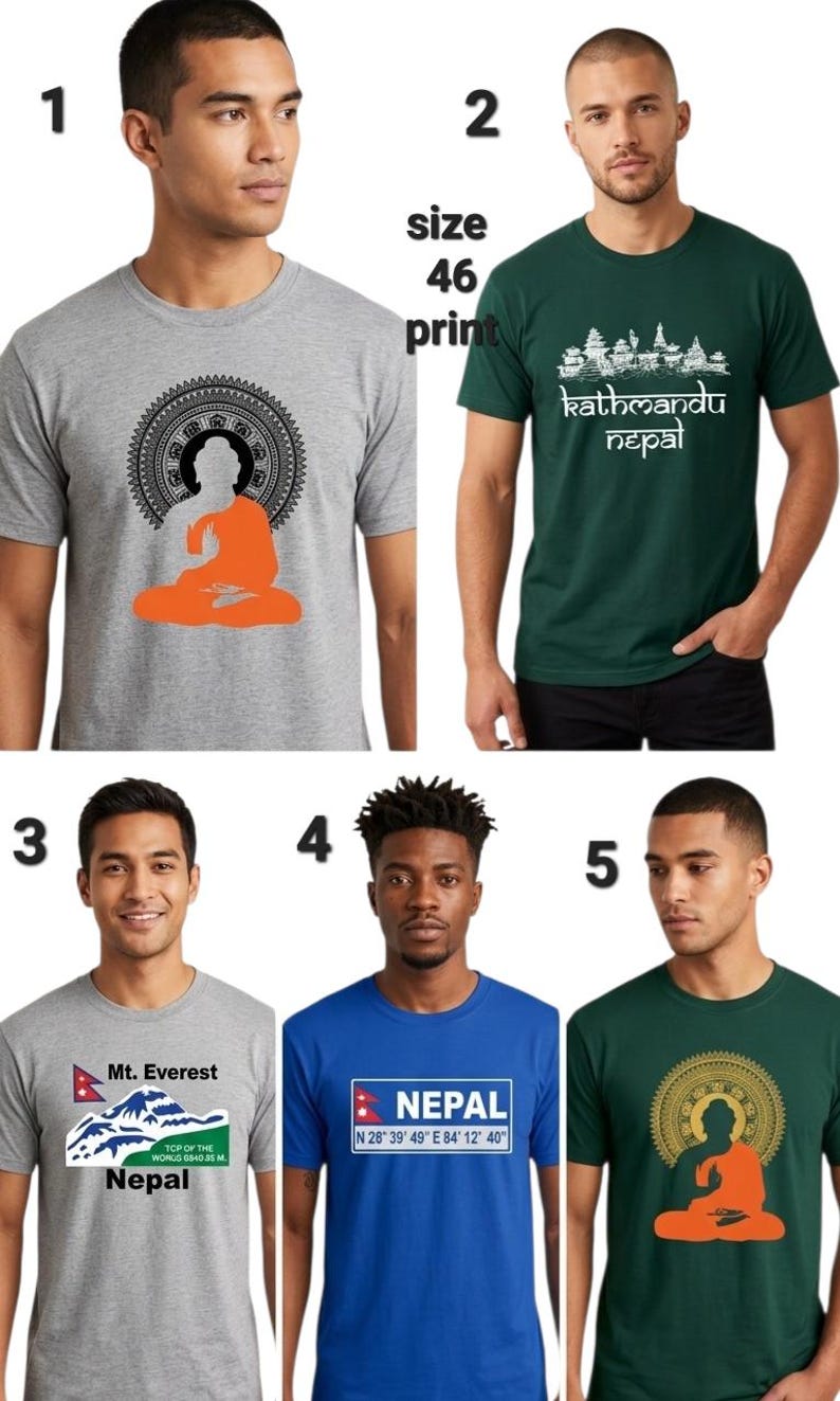 Pode incluir: Uma cole&ccedil;&atilde;o de camisetas com v&aacute;rios designs. Uma camisa apresenta uma ilustra&ccedil;&atilde;o de Buda, outra exibe "kathmandu nepal", e outras exibem gr&aacute;ficos relacionados ao Nepal. As camisas s&atilde;o cinza, verdes e azuis.