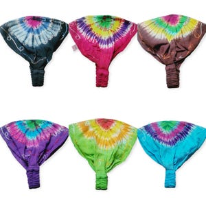 May include: Six tie-dye headbands in various colors, including black, pink, brown, purple, green, and blue. Each headband features a vibrant, concentric pattern and a gathered elastic band for a secure fit. These headbands are perfect for adding a pop of color to any outfit.