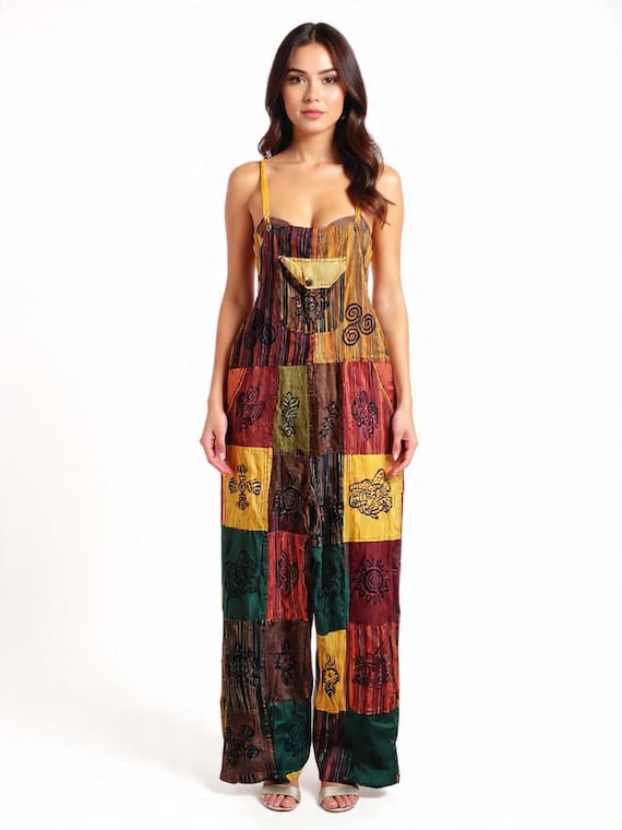 Handcrafted Cotton Patchwork Overalls: Boho Hippi… - image 1