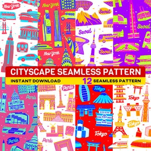 Cityscape Seamless Pattern: Hand-Drawn Architecture Art (Digital Download, 12 JPEGs)