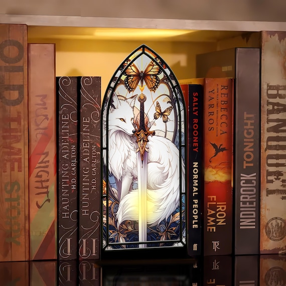Quicksilver Inspired Book Nook — Fox & Sword Panel Sign | White Fox Book Nook Art, Gothic Arch, Illuminated Handmade Gift (No Candle)