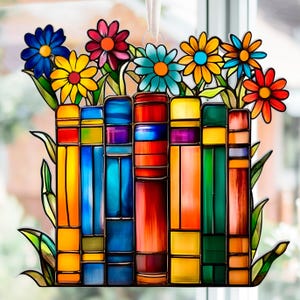Student Flower Ornament, Stained Glass Book Stack Hanging Decoration, Floral Acrylic Ornament for Book Lovers & Teachers