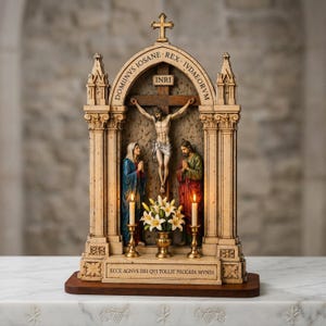 May include: A religious figurine depicting the crucifixion of Jesus Christ. The sculpture features Jesus on a cross, with Mary and John the Apostle standing below. The structure includes a cross at the top, two candles, and a vase of white flowers.