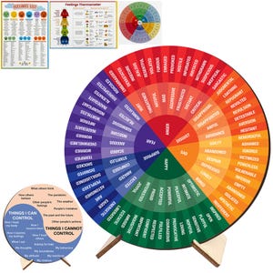 May include: A set of educational tools for emotional literacy. Includes a feelings wheel with various emotions, a feelings list, a feelings thermometer, and a smaller wheel with "Things I Can Control" and "Things I Cannot Control" text.