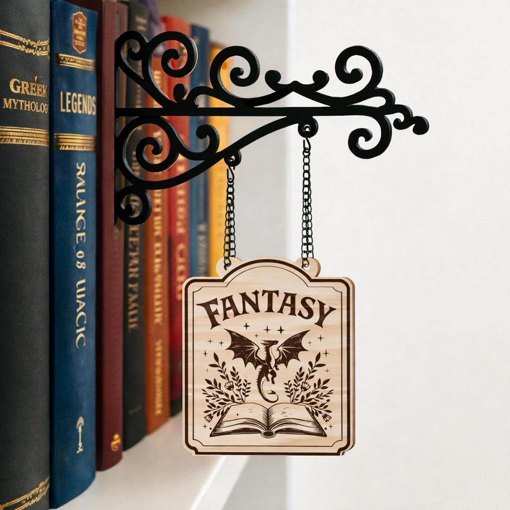 Divisori Per Libri Di Genere Con Staffe A Catena - Cartelli In Legno Stile Taverna Per Libreria, Regalo Per Lettori
