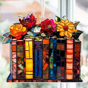 Seven Blooms of Color Ornament, Stained Glass Book Stack Hanging Decoration, Floral Acrylic Ornament for Book Lovers & Teachers