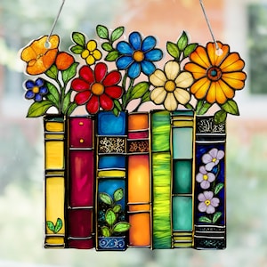 Stained Glass Books & Flowers Suncatcher | Colorful Book Lover Gift | Library Decor for Windows | Bookish Garden Hanging Art