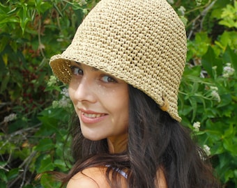 Natural Raffia Bucket Hat, Handmade Crochet Boho Sun Hat, Beach Straw Hat Women, Summer Holiday Hat, Eco Friendly Handmade Gift