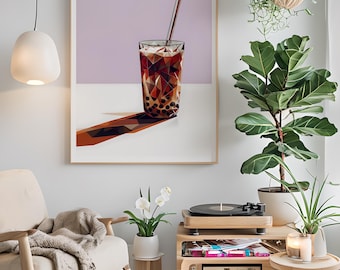 Impresión geométrica de té de burbujas / Arte de vidrio de boba poligonal / Decoración de pared moderna / Descarga digital para cocina, cafetería o habitación de adolescentes