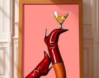 Art mural martini rose botte rouge | Chariot de bar rose | Femme fatale | Impression d'art fille cerise | Esthétique NYC | Impression artistique Martini