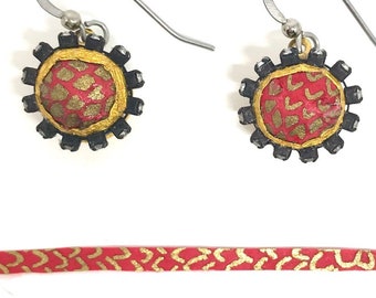 Boucles d’oreilles en papier rouge souci strass - Premier anniversaire - Boho Jewelry - Cadeau demoiselle d’honneur - Bijoux en papier