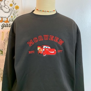 Lightning McQueen Embroidered Sweatshirt, Cars Movie Varsity Pullover, Black Unisex Crewneck, Pixar Fan Gift, Style Racing Shirt - ESN803.H
