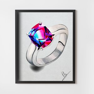 Arte dell'anello con grande pietra preziosa - poster di gioielli moderni - quadro da parete con gioielli colorati - decorazione glamour - stampa artistica - 5 dimensioni - tendenza poster da cucina