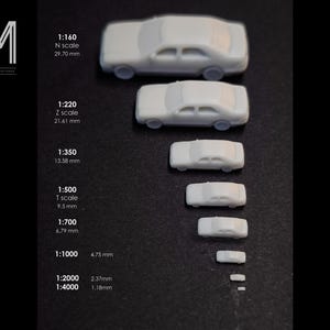 Peut inclure: Plusieurs modèles réduits de voitures blanches, de tailles décroissantes, sont présentés. Le texte indique l'échelle de chaque modèle, allant de 1:160 à 1:4000, avec les mesures en millimètres.