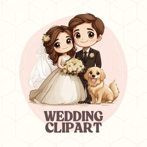 Novios con perro Clipart PNG / Pareja de novios con ilustración de mascota / Clipart de boda romántica / Fondo transparente /