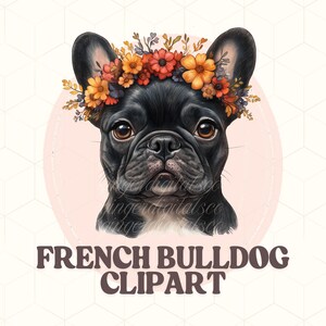Französische Bulldogge Clipart PNG mit Blumenkrone | Süsser Hund Digital Download | Tierkunst für Aufkleber, Karten, Kinderzimmer Deko | Welpe Clip Art