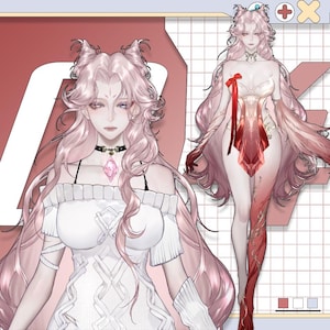 Peut inclure: Illustration numérique d'un personnage aux longs cheveux roses et portant une robe blanche. Le personnage porte un collier ras du cou avec une gemme rose et un pendentif assorti. Le fond est un mélange de rose et de blanc avec des lignes de grille.