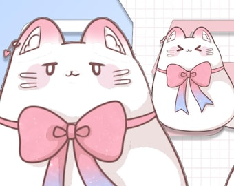 May include: Two cartoon cat illustrations. The cats are white with pink accents, including bows and ear details. The bows have a gradient of pink and blue. The background is a light blue and pink grid.