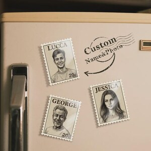 Imán para refrigerador con sello vintage y retrato personalizado / Regalo con foto y nombre personalizado / Imán con estilo de franqueo / Regalo de aniversario para él y ella