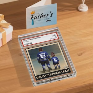 Personalizowana tabliczka akrylowa | Hokej nr 1 Dad Trading Card Style | Prezent na Dzień Ojca lub urodziny od dzieci