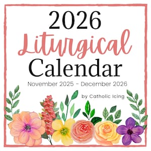 Peut inclure: Calendrier liturgique 2026 avec une bordure florale. Le texte comprend "2026", "Calendrier Liturgique", et les mois de novembre 2025 à décembre 2026. Le bas du calendrier indique "by Catholic Icing".