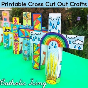 May include: Printable cross cut-out crafts for kids. The crosses are decorated with colorful geometric patterns, rainbows, clouds, and raindrops. The text "He is Risen" is on one of the crosses.